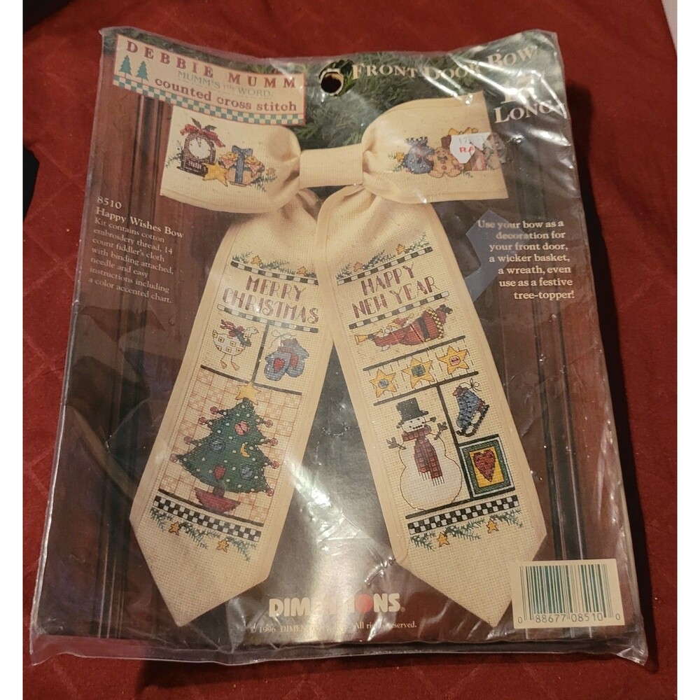'96 Dimensions Debbie Mumm Christmas Front Door Bow Cross Stitch Kit #8510